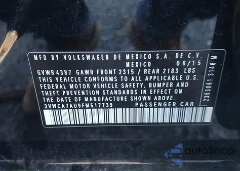 2015 Volkswagen Golf Sportwagen Tdi Sel 4-Door from USA, damaged, VIN 3VWCA7AU9FM517739